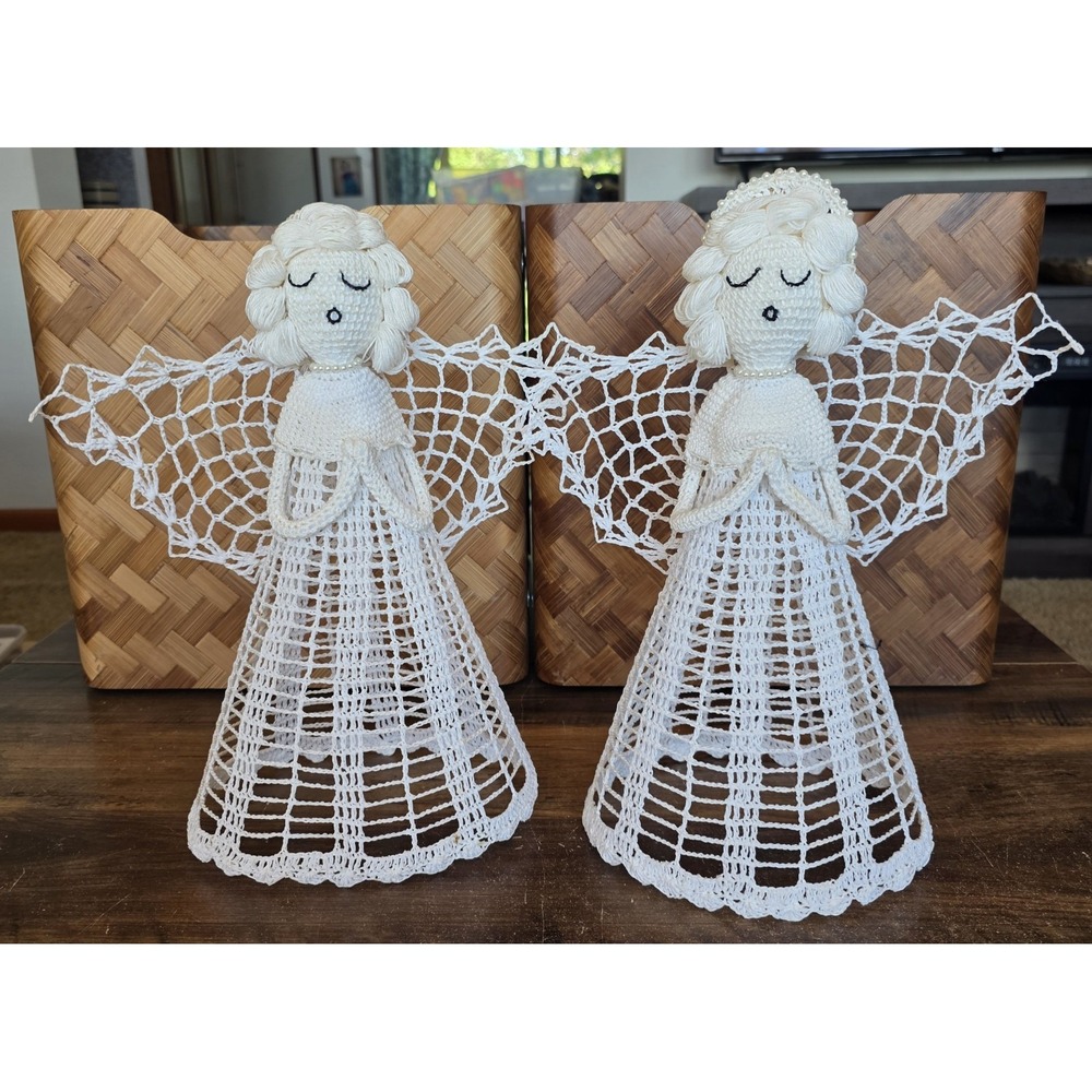13" White Crochet Lace Angel Christmas Tree Topper Handmade‎ Starched Lot of 2